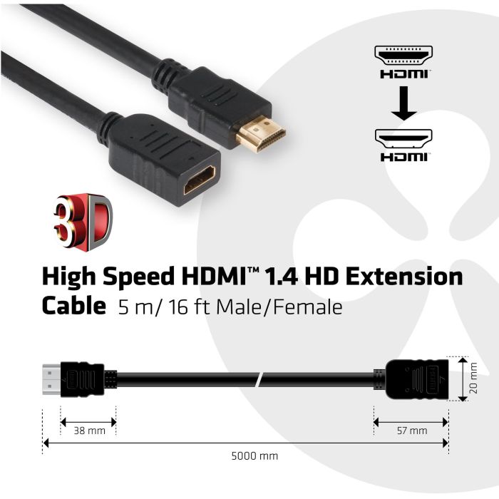 Club3D Cable Extensión HDMI 1.4 Alta Velocidad, Macho/Hembra, 5 metros, Soporte 3D, Negro 2