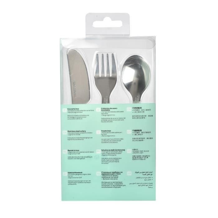 Beaba Set de 3 Cubiertos de Aprendizaje Cuchara Tenedor Cuchillo de Acero Inoxidable para Niños con Formas Redondeadas Verde Claro 1