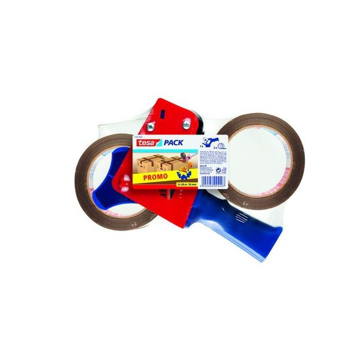 Tesa Portarrollo para Embalaje con Mango Rígido, Incluye 2 Rollos de Cinta Marrón 66m x 50mm