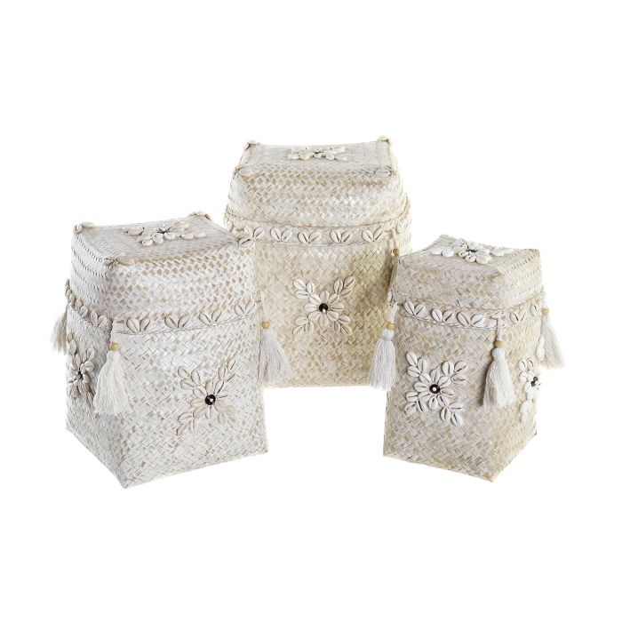 DKD Home Decor Cesta Balines Blanca de Bambú y Conchas, Set de 3 Unidades, 28 x 27 x 28 cm 1