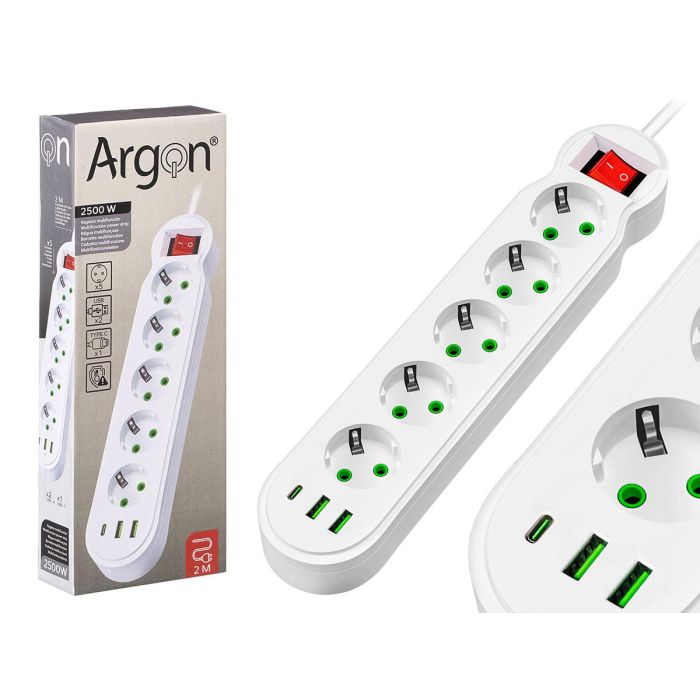 Argon Regleta multifunción 5 enchufes con interruptor, 2500W, cable 2 metros, color blanco (Set de 8)