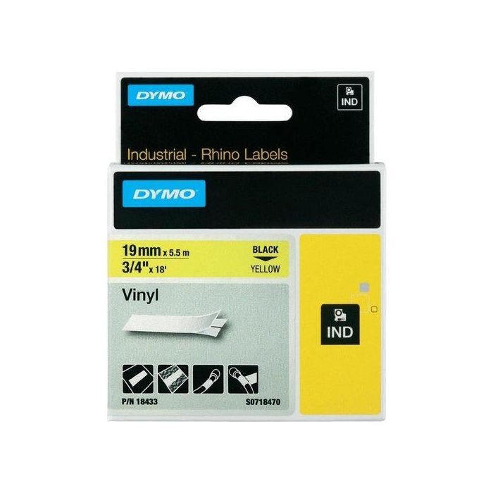 Dymo S0718470 Cinta Etiquetas Industrial Adhesiva ID1-19 Nylon Flexible 19mm x 5.5m Negro sobre Amarillo