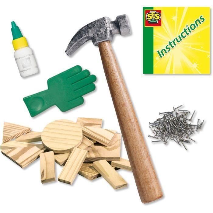 Ses Creative Taller de carpintería infantil - Kit de construcción con 57 piezas de madera, martillo, clavos y mano especial para sujeción segura 1