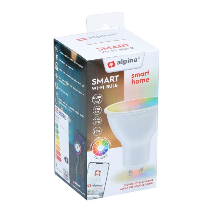 Alpina Bombilla Inteligente LED GU10 RGB Regulable Wi-Fi 4.9W (Eq. 50W) 470lm 2700-6500K Compatible Alexa Google Home 1 Alpina Bombilla Inteligente LED GU10 RGB Regulable Wi-Fi 4.9W (Eq. 50W) 470lm 2700-6500K Compatible Alexa Google Home 1