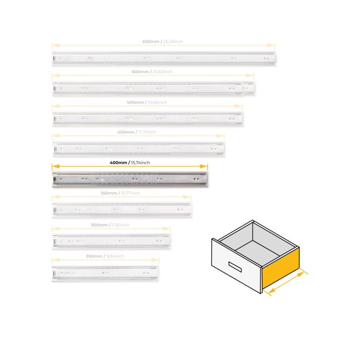 Emuca Juego de guías de bolas para cajones con extracción total, altura 45mm, longitud 400mm, Acero, Cincado 6