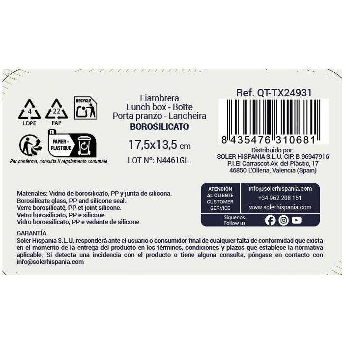 Inde Fiambrera Rectangular Hermética Textury 17.5 x 13.5 cm 600cc 2