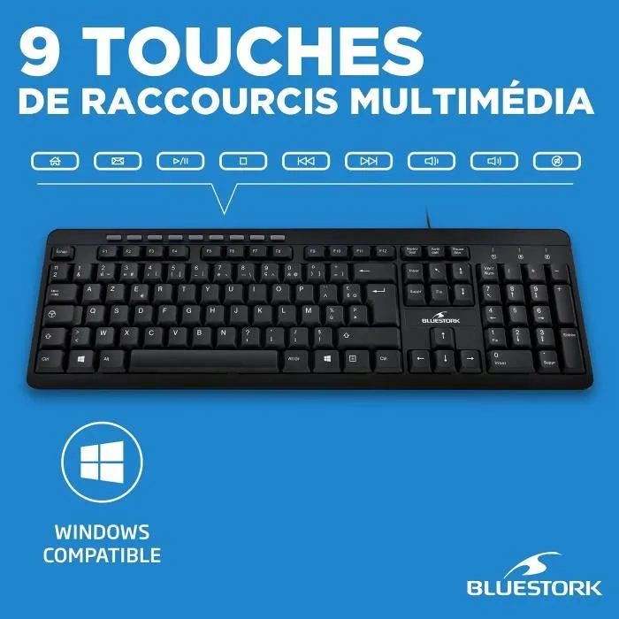 Bluestork Paquete Teclado y Mouse con Cable Óptico, Teclado Multimedia Plug and Play, Compatible con Windows 3