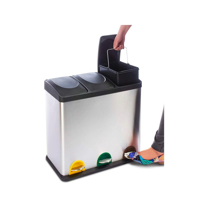 Q-connect Papelera Contenedor Metálica con Tapa de Plástico y Pedal, 3 Depósitos, 45L, 605x340x485 mm 6
