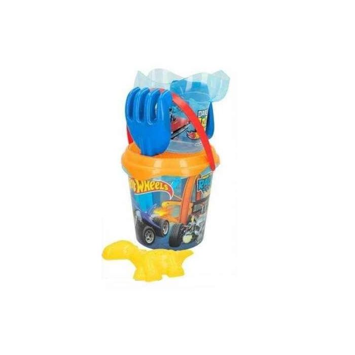 Cubo de playa hot wheels 18 cm con cedazo, pala, rastillo, regadera y 1 molde 1