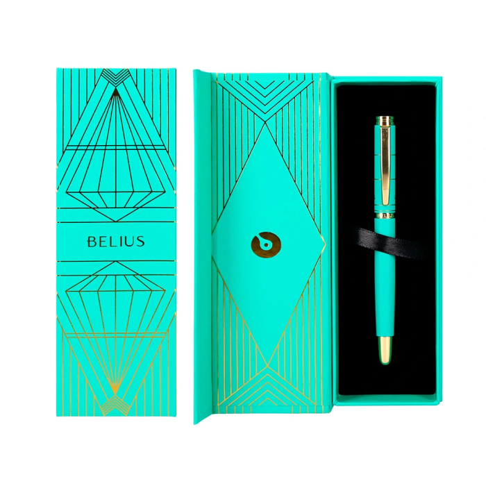 Belius Boligrafo Soiree Aluminio Art Deco Turquesa y Dorado Tinta Azul Caja de Diseño Punta 0,8 mm 4