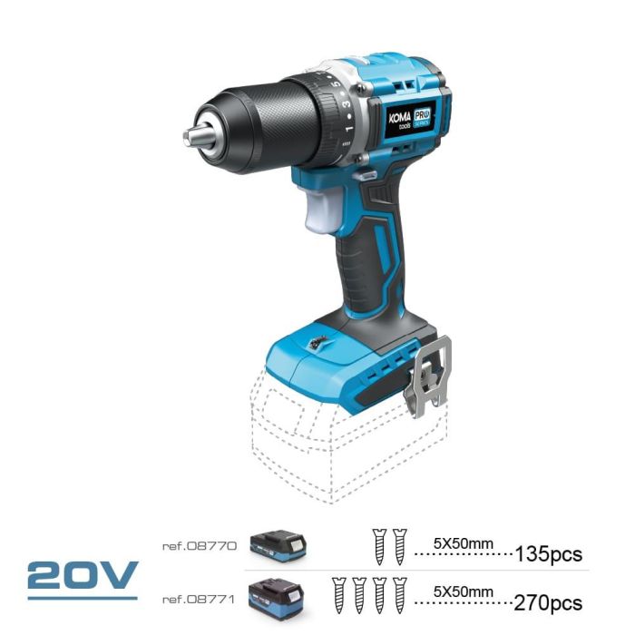 Koma Tools Taladro atornillador 20V compact brushless, 2 velocidades 0-500/0-1.800rpm, par máximo 50Nm, luz de trabajo 1 Koma Tools Taladro atornillador 20V compact brushless, 2 velocidades 0-500/0-1.800rpm, par máximo 50Nm, luz de trabajo 1