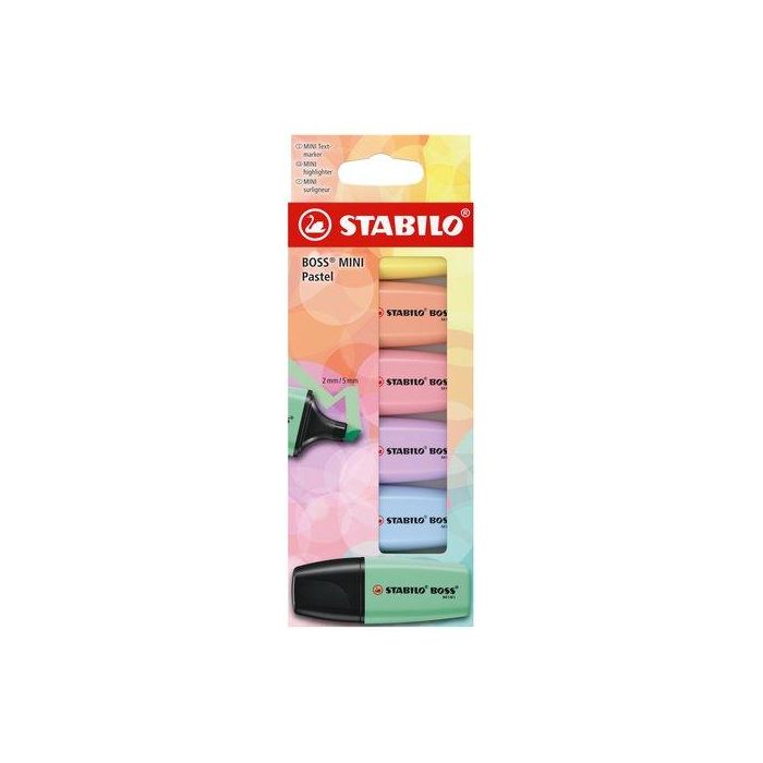 Stabilo Rotulador fluorescente mini pastel, estuche de 6 unidades colores surtidos, trazo 2-5mm, tecnología Antisecado