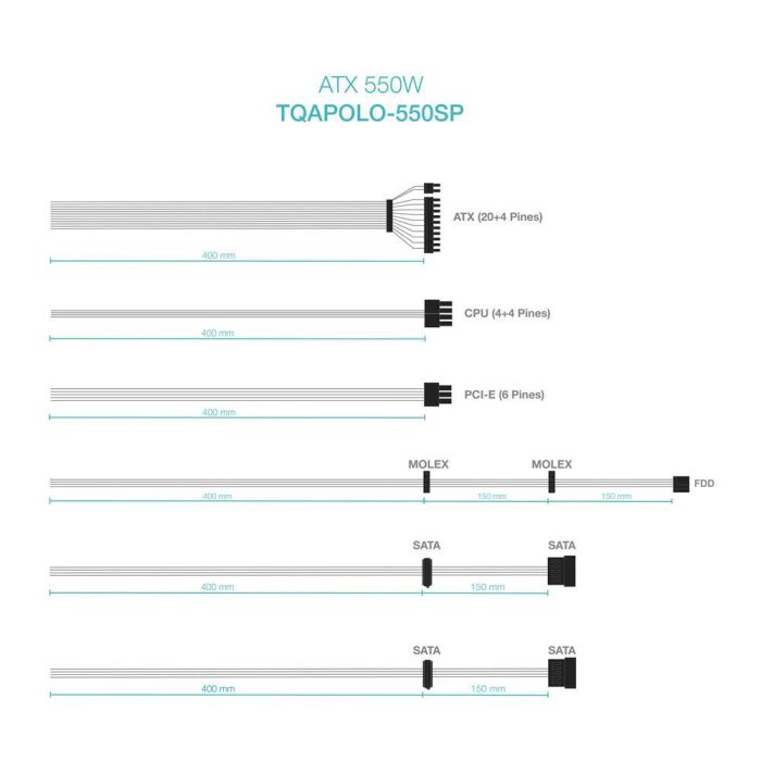 TooQ TQAPOLO-550SP Fuente de Alimentación PC 550W ATX 20+4 pines, PFC Activo, 78% Eficiencia, Ventilador 12cm, Plata 5