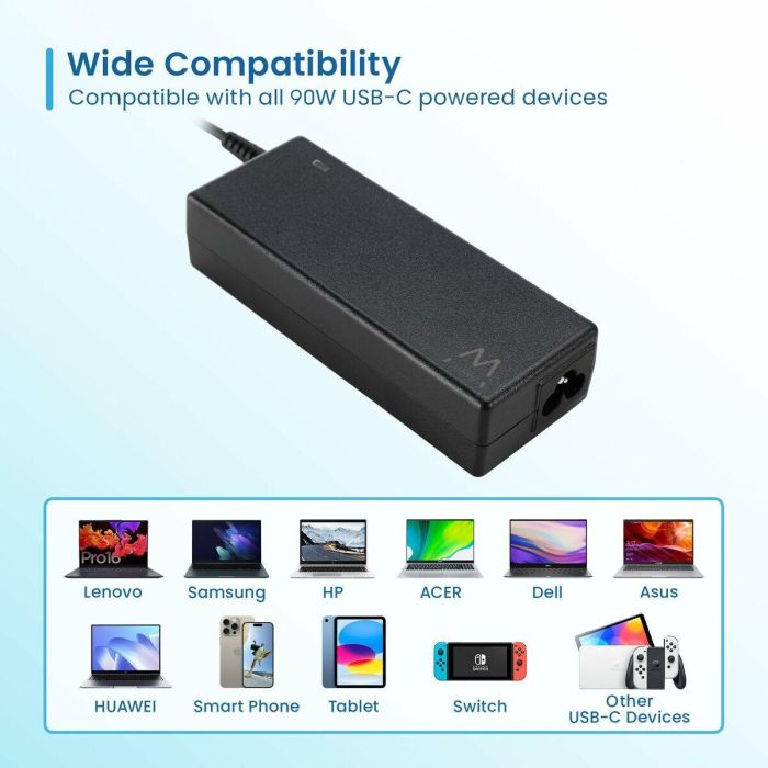 Ewent EW3982 Cargador USB-C Power Delivery 90W para Portátil hasta 15.6", Smartphone y Tablet - Cable 3.2m Negro 1