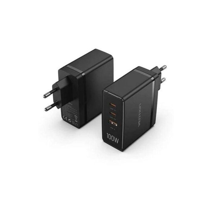 Vention FEGB0-EU Cargador de Pared GaN Ultra 100W Carga Rápida, 3 Puertos: 2x USB-C (100W) y 1x USB-A (30W) 1