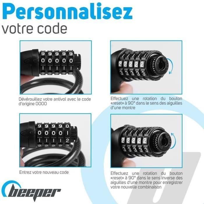 Scooter y bicicleta anti -theft - Beepper - Cable de 60 cm - Código de 4 -dígito - Azul 2