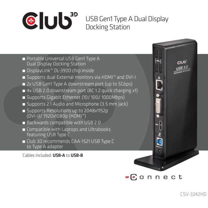 Club3D Docking Station USB 3.2 Gen 1 Dual Display HDMI DVI Gigabit Ethernet 4xUSB 2.0 2xUSB 3.2 Gen 1 Negro 11