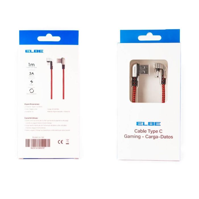 Elbe CA-199 Cable Gaming USB-A a Type-C 1M 90º Durabilidad Nylon Trenzado Aluminio 5