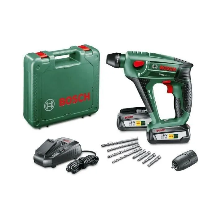 Bosch Perforador Uneo Maxx 2x2,5Ah 18V con 2 Baterías, Chip Syneon, Ligero para Hormigón y Madera 1 Bosch Perforador Uneo Maxx 2x2,5Ah 18V con 2 Baterías, Chip Syneon, Ligero para Hormigón y Madera 1