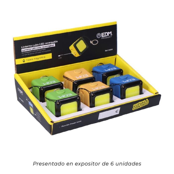 Edm Linterna Cubo LED Recargable COB 3W 300lm 1000mAh con USB + Imán, Función Power Bank, Colores Surtidos 4