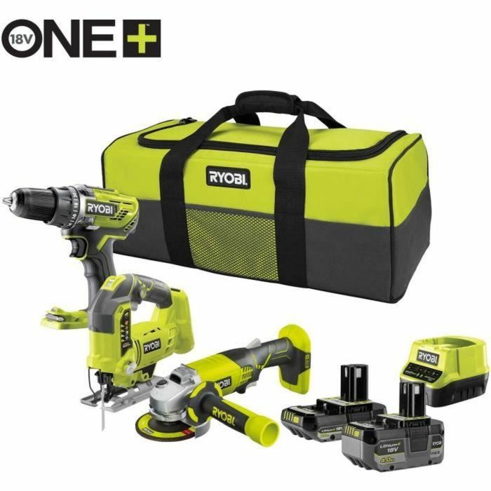 Ryobi RYO4058546562878 Kit 3 Herramientas: Taladro Brushless, Amoladora 115mm, Sierra Calar, 2 Baterías (4/2Ah), Cargador y Bolsa 5