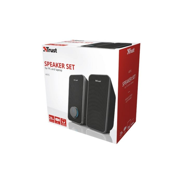 Trust 20179 Altavoces Arys 2.0 Estéreo 28W Premium Sonido Bajos Profundos para PC Portátiles, Conexión Auriculares 3.5mm, USB 2