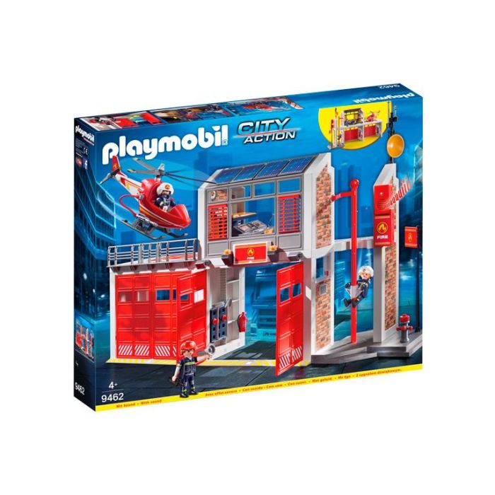 Playmobil 9462 Parque de Bomberos con barra deslizante, alarma de incendios, helicóptero con helipuerto y 2 garajes para vehículos, juego para niños +4 años