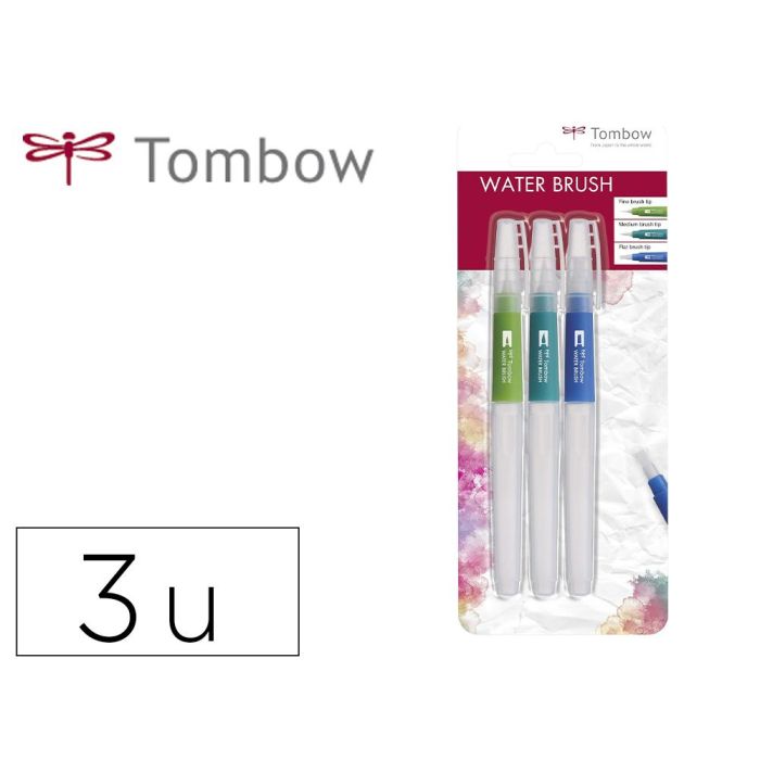 Pincel Tombow Water Brush Con Deposito Rellenable Blister De 3 Unidades Punta Fina-Media-Plana