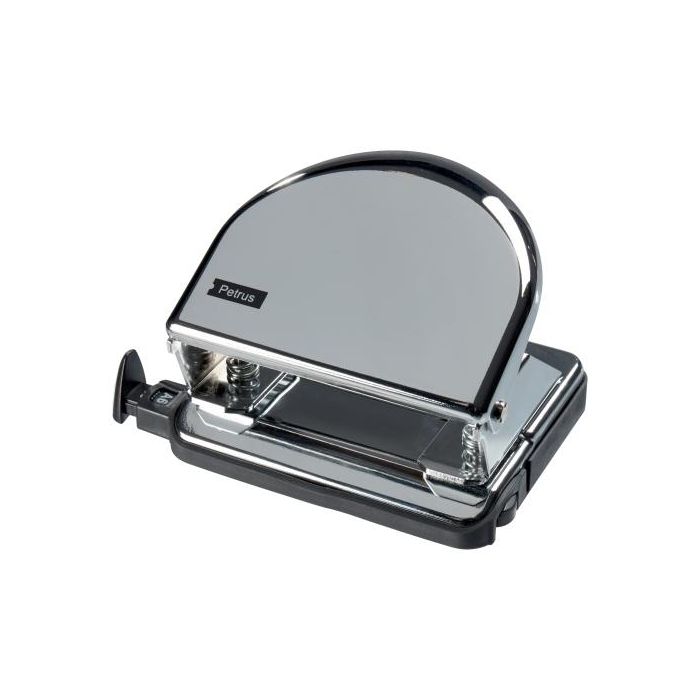 Petrus Taladradora 52 C cromada metálica 2 agujeros 20 hojas con regleta, punzones afilados y ventana de formato 115x60mm