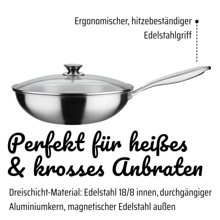 GSW Wok Pro con Tapa Ø 32 cm Acero Inoxidable Fondo 3 Capas Apto Inducción 2