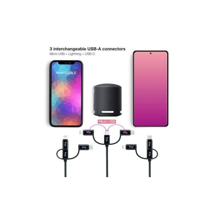 Nanocable 10.01.3200 Cable USB 2.0 3 en 1 Carga y Datos USB-A a Lightning, Micro USB y Tipo-C 1m Negro 2 Nanocable 10.01.3200 Cable USB 2.0 3 en 1 Carga y Datos USB-A a Lightning, Micro USB y Tipo-C 1m Negro 2