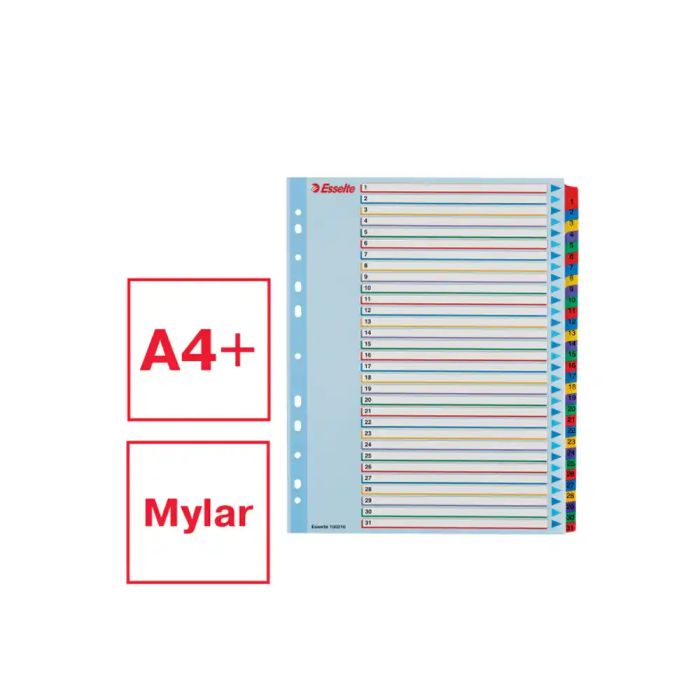 Indice Esselte Cartulina Mylar Borrable Numerico A4+ Pestañas 1-31 11 Taladros 1