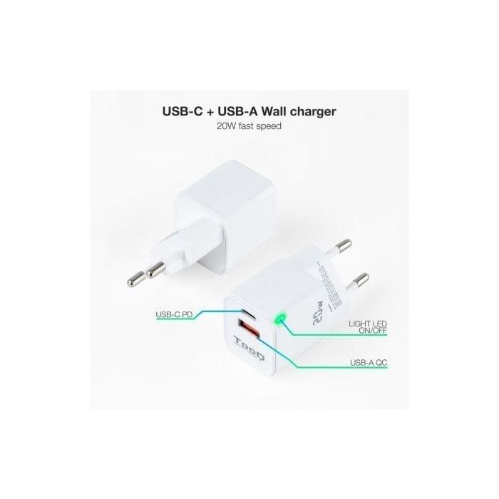 TOOQ CARGADOR DE PARED USB-C/PD + USB-A/QC 20W 1 TOOQ CARGADOR DE PARED USB-C/PD + USB-A/QC 20W 1