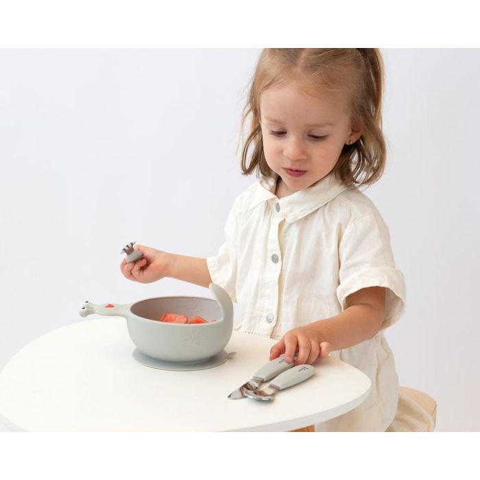 KioKids Set Cubiertos Infantiles Acero Inoxidable y Silicona, Mangos Antideslizantes, Bordes Redondeados, Lavavajillas, Gris, +6 meses, 14 cm 1