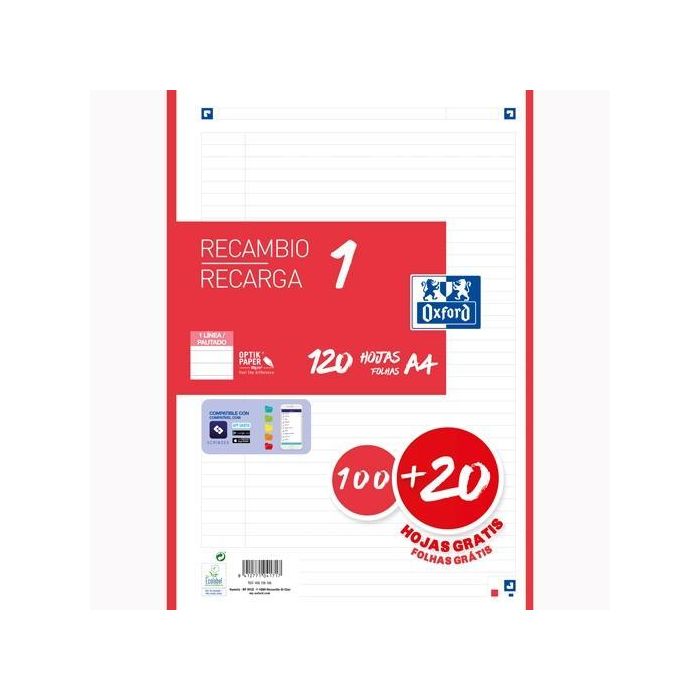 Oxford Recambio Classic 100H + 20H Gratis A4 Sueltas 90 gr 1 Línea 4 Taladros 1 Banda Color Rojo