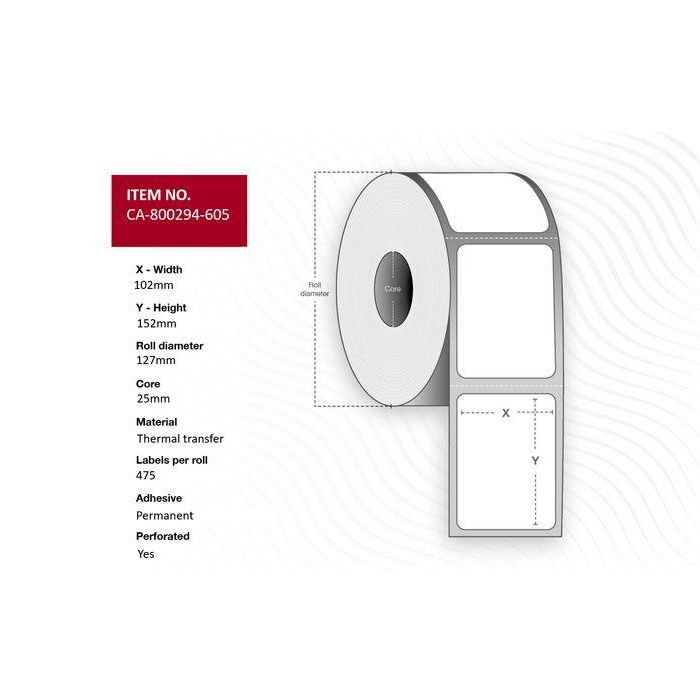 Capture Etiquetas 800294-605, 102x152 mm, núcleo 25 mm, transferencia térmica, sin recubrimiento, permanentes, perforadas, 475 etiquetas/rollo