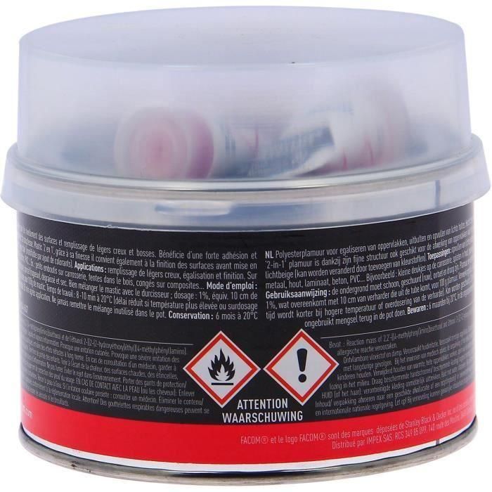 FACOM Masilla de poliéster suave 2 en 1 - Nivelación, relleno de huecos, golpes ligeros - Con endurecedor - 500 g 1