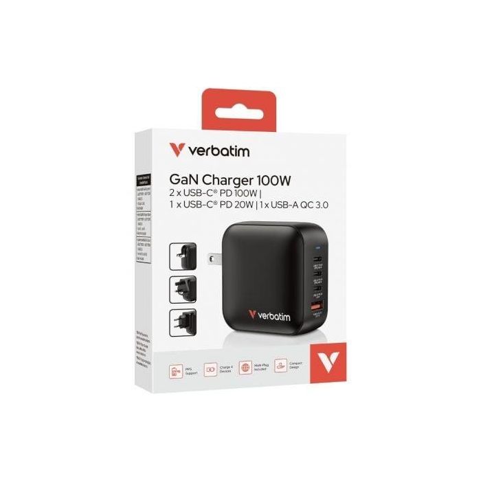 Cargador de Pared Universal GaN Verbatim Mini GaN Wall Charger/ 3xUSB Tipo-C/ 1xUSB/ 100W 3 Cargador de Pared Universal GaN Verbatim Mini GaN Wall Charger/ 3xUSB Tipo-C/ 1xUSB/ 100W 3
