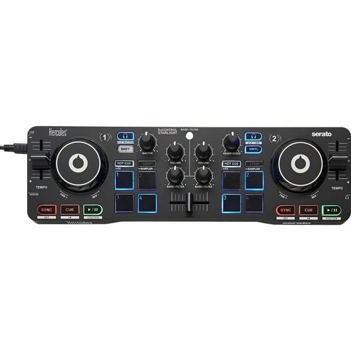 Hercules 4780884 Controlador DJ Starlight USB con 4 pads, 4 modos, tarjeta de sonido integrada, 2 canales y Serato DJ Lite Negro 1