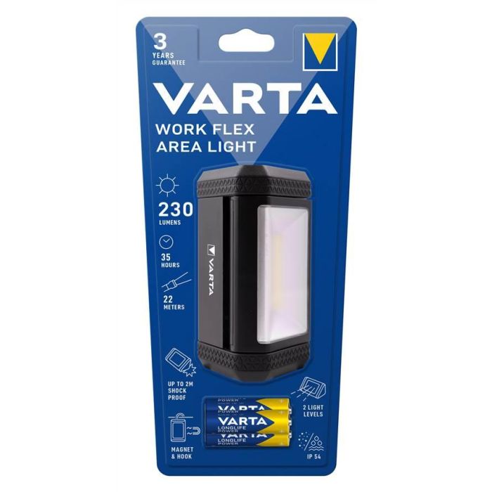 Varta 17648101421 Linterna de Trabajo LED Work Flex Area Light 3xAA, Resistente al Agua, con Gancho e Imán 3