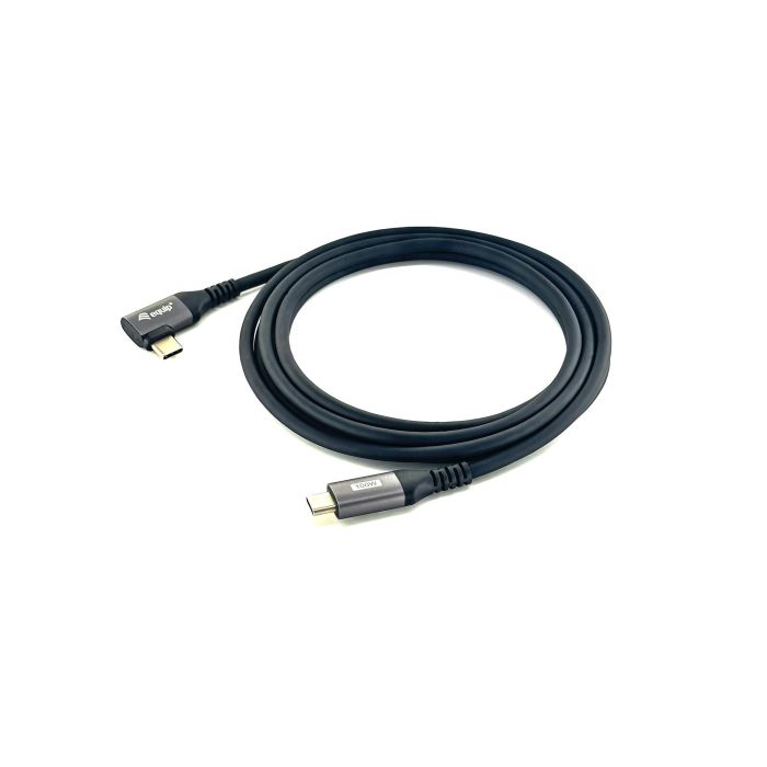 Equip Cable USB-C 2.0 Macho Macho Acodado 90° 100W Con Chip E-Mark Color Negro 2.0m Malla algodon trenzado Carcasa Conector Aluminio