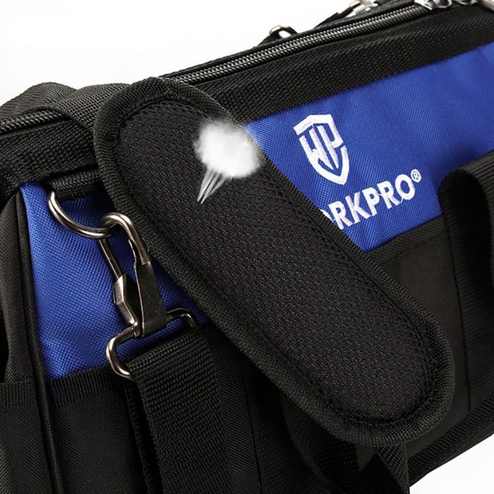 Workpro Bolsa de Herramientas con Cremallera, 21 Bolsillos, Base Impermeable, Boca Ancha, 51x26x29 cm, Negra y Azul 1