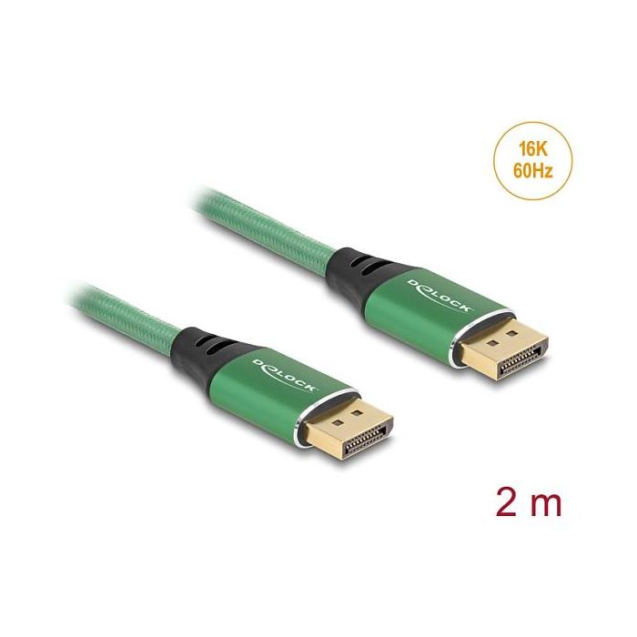 DeLOCK Cable DisplayPort 2.1, 16K 60 Hz, 2 Metros, Conectores Macho Dorados, Blindaje Triple, Chaqueta Textil Verde Metal, 40 Gbit/s, DSC 1.2a, HDCP 2.3 2