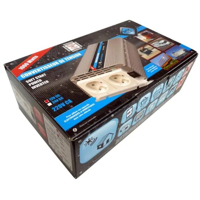 Htc Equipement Convertidor de Voltaje 12/220 V 1000 W con 2 Salidas de CA 1 Htc Equipement Convertidor de Voltaje 12/220 V 1000 W con 2 Salidas de CA 1