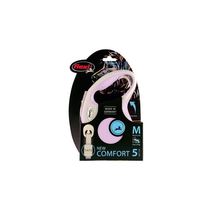 Flexi Cinta Comfort Rosa 5 m Longitud 25 kg Resistencia Correa para Perro con Iluminacion LED y Multi Box para Accesorios