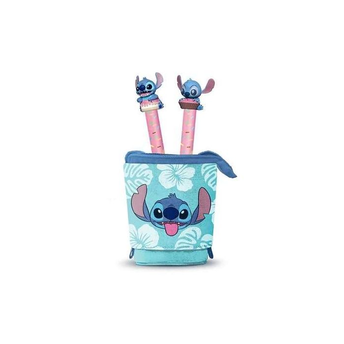 Disney Lilo y Stitch Estuche Portatodo Vertical Azul con Cremallera + 2 Bolígrafos de Gel Borrables Tinta Azul 1