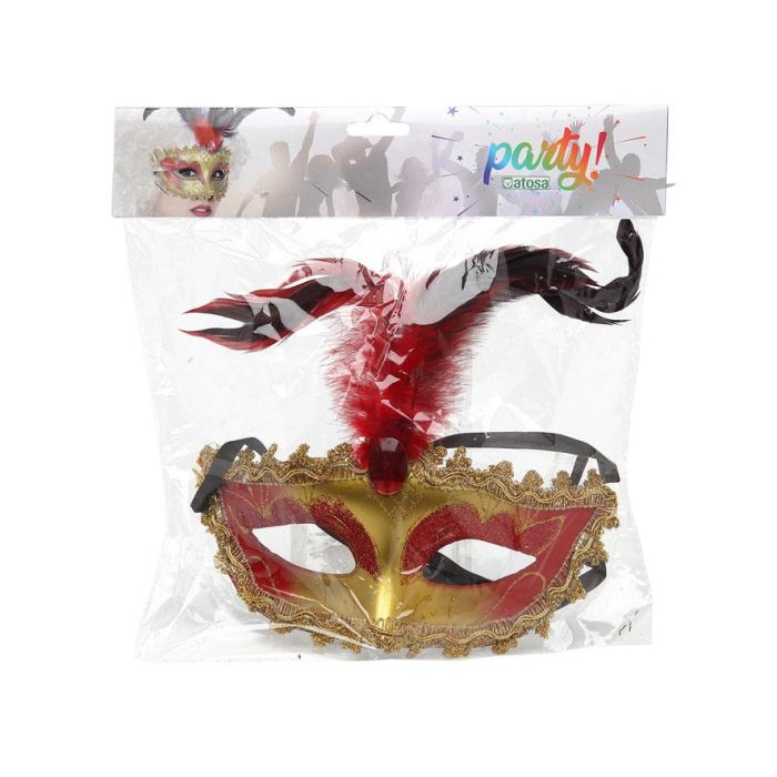 Máscara Antifaz Veneciana Rojo con Plumas y Encaje Dorado para Carnaval Mujer Adulto 1