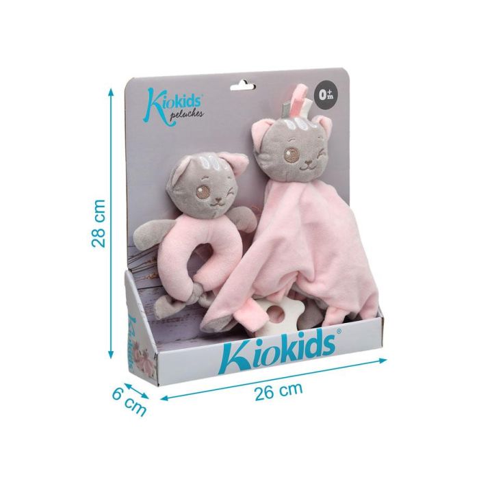 KioKids Set Doudou y Sonajero Gatito Rosa Suave, para Bebé +0 Meses con Mordedor y Sonidos, ayuda a conciliar el sueño 4