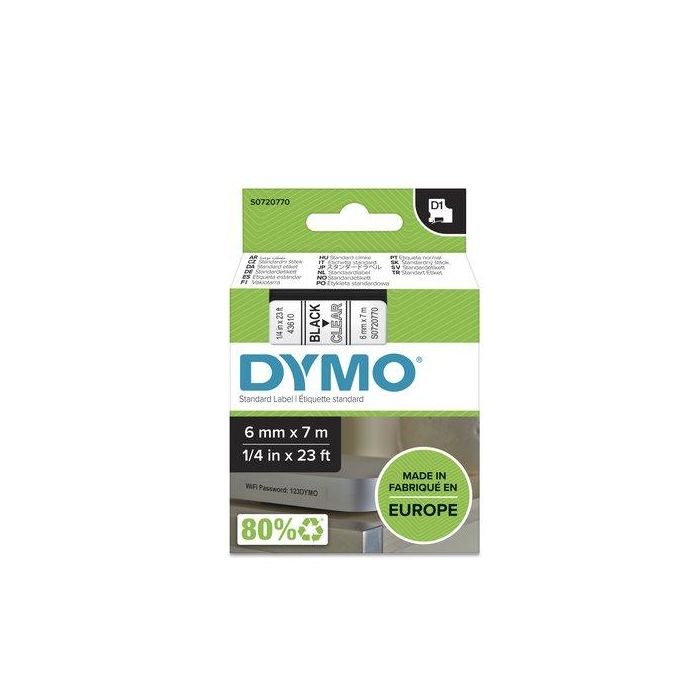 Dymo 43610 Cinta de Transferencia Térmica D1, Negro sobre Transparente, 6 mm x 7 m, Poliéster Autoadhesiva