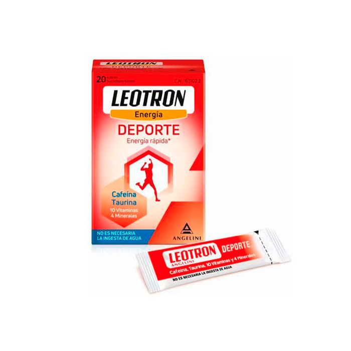 Leotron Deporte - 20 Sobres Bucodispersables - Energía Rápida - Complemento Alimenticio Con Cafeína, Taurina, 10 Vitaminas Y 4 Minerales - Agradable Sabor A Naranja, No Es Necesaria La Ingesta De Agua - A Partir De 12 Años.